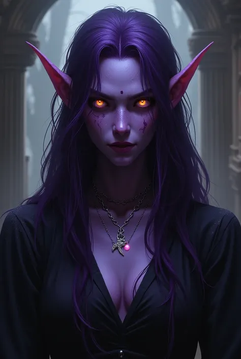 Fazer imagem de uma personagem tiefling feiticeira de d&d, lilac skin, with a scar on his eye, long dark purple hair, purples eyes, macabre golden, scary appearance and a small silver necklace in the shape of a whale&#39;s tail with a small pink pearl insi...