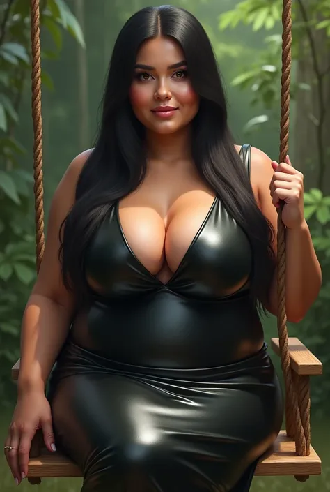 woman, long straight black hair, medium bust, plump, wide hips, shiny elegant dress, sitting on a swing, looking at the camera, photorealistic