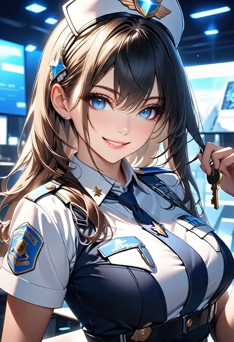 Attractive police girl, holding a key, facing the camera, smiling, mini diamonds on her outfit, detailed image, hq quality, perfect anatomy,  blue sky eyes, black long hair, pretty,beautiful , perfect detailed, awesome illumination, 4k,8k,HD, high quality,...