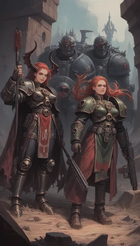 ((masterpiece)), ultra-realistic, warhammer 40000 battle, sisters of battle vs demons ,