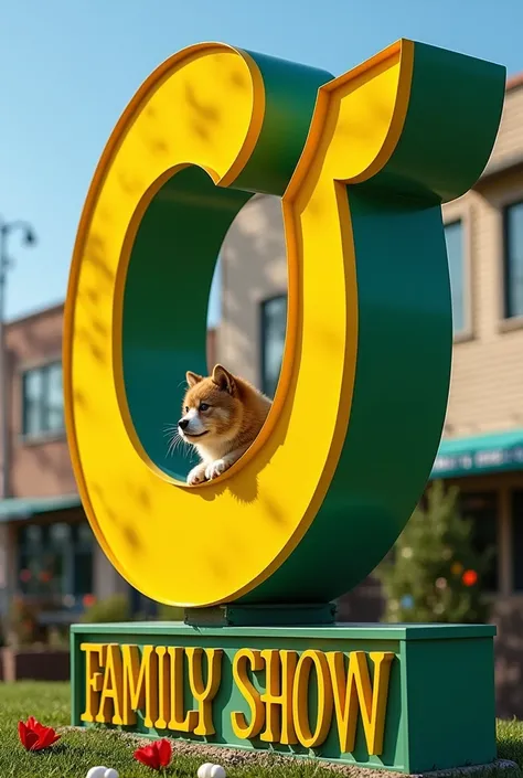 Beautiful sign with C & J logo in yellow and green, symbol and in between the C& J, Also have family show written at a bottom