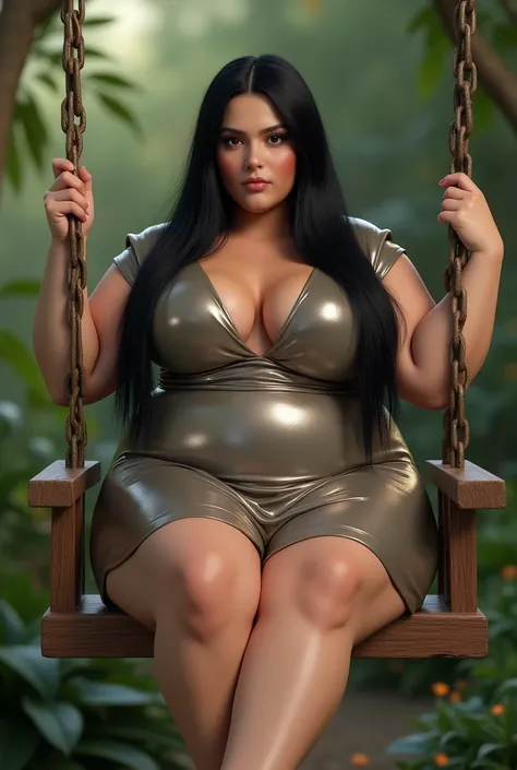 woman, long straight black hair, medium bust, plump, wide hips, shiny elegant dress, sitting on a swing, looking at the camera, photorealistic