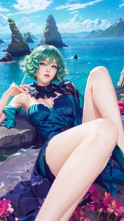 girl with green hair and green hair sitting on a rock, tatsumaki from one punch man, tatsumaki, tatsumaki with green curly hair, 4 k wallpaper, macross frontier splash art, best  4k konachan wallpaper, macross delta splash art,  girl with teal hair,  style...