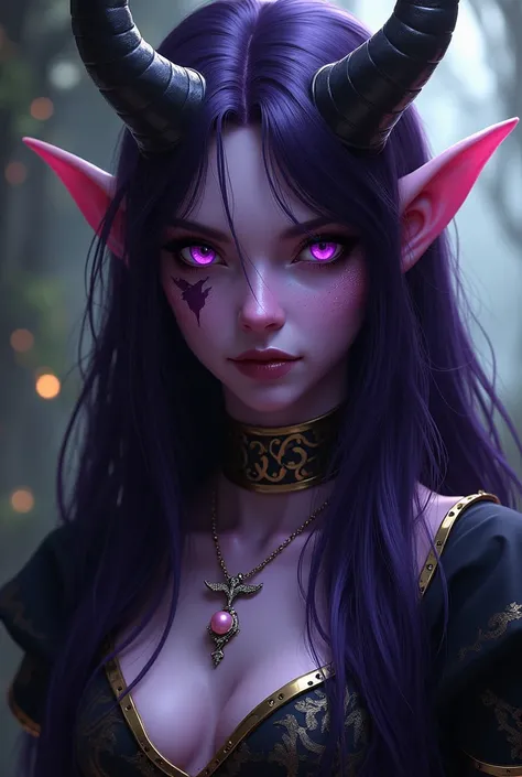 Fazer imagem de uma personagem tiefling feiticeira de d&d, lilac skin, with a scar on his eye, long dark purple hair, purples eyes, macabre golden, scary looking and a small silver necklace in the shape of a whale tail with a small pink pearl inside