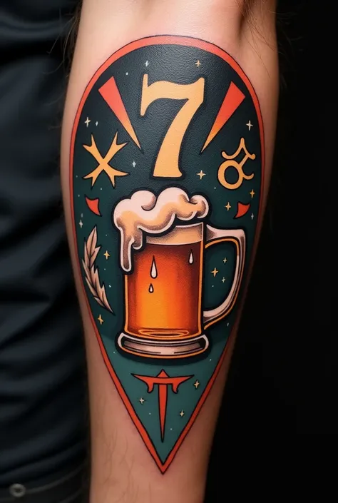 Design for tattoo with number 7;  beer mug; Aries and Gemini