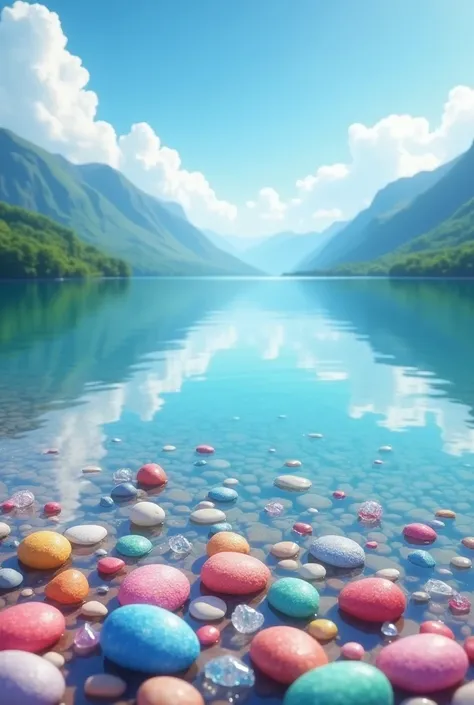 A beautiful lakeshore scene where the clear water reflects smooth pastel-colored stones in shades of red, pink, blue, white, green, and yellow, along with sparkling crystal-like glass pieces. The water is calm, reflecting the blue sky and white clouds. In ...