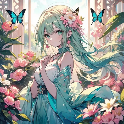 1 person、mature、Ample breasts、Long Hair、Emerald green eyes、dress、Shoulder Bare、gem、necklace、Earrings、bracelet、Globe algae、Globe algaeの妖精、lake、Natural light、Pink Flower、Butterflies fluttering、High resolution、Highest quality