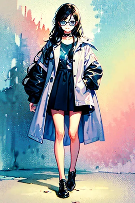 Full body, a woman with freckles, dark brown eyes, and an upturned nose, she is happy, she has long wavy black hair, wearing aviator sunglasses with clear lenses in a soft watercolor style. The girls clothes must be in pink, purple, and blue in celebration...