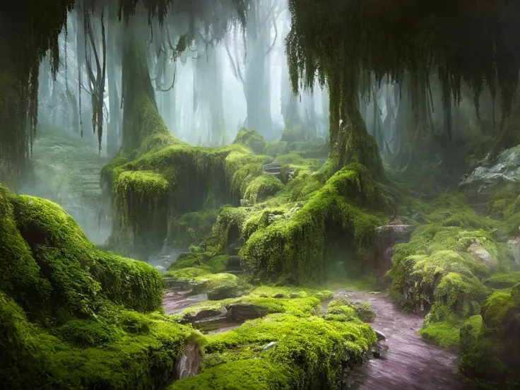 Fairy castle interior decorated with lush furniture in pastel colors, and moss, eerie atmosphere, soft volumetric light, high chaos, intricate work by Johan Grenier style, Alyssa Monks style