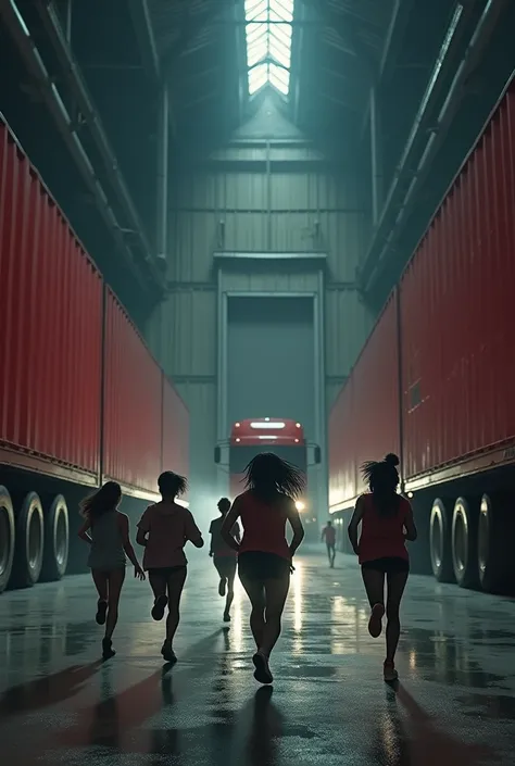 Dark Warehouse, huge, red cars, black girls, running, big door, big bus