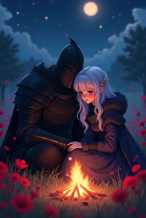 A knight in dark medieval adventurer armor, the knight also wears a dark medieval helmet which covers his entire face., He is tall and in a field of red flowers as he sits in front of his campfire in the middle of the light of the stars and the moon next t...