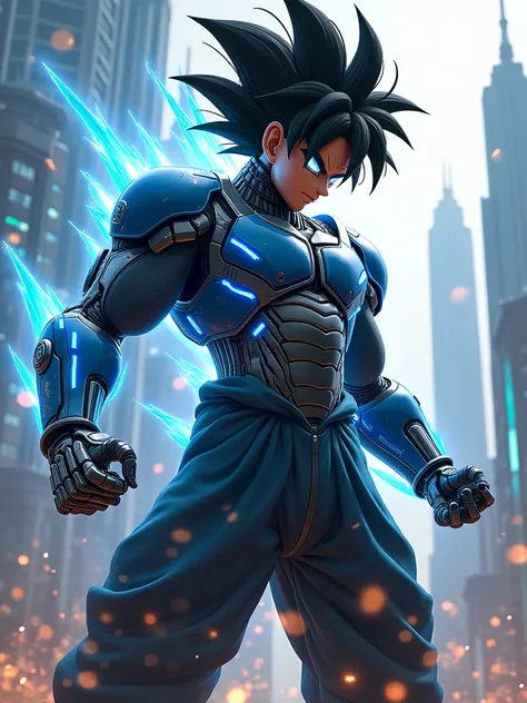 Goku as a futuristic cyborg. He wears technologically advanced battle armor with bright blue energy panels and mechanical limbs with visible circuits and LEDs. His black hair is highlighted with strands of pulsating energy that change color. He wears an ad...