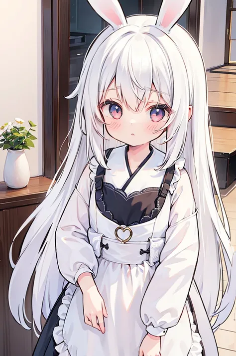 1 girl, kemono, rabbit ears, white hair, innocent appearance, innocent look, feminine charm, domestic environment