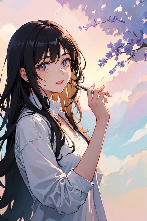 a woman with freckles, dark brown eyes, and an upturned nose, she is happy, she has long wavy black hair, wearing aviator sunglasses with clear lenses in a soft watercolor style. The girls clothes must be in pink, purple, and blue in celebration of the bis...