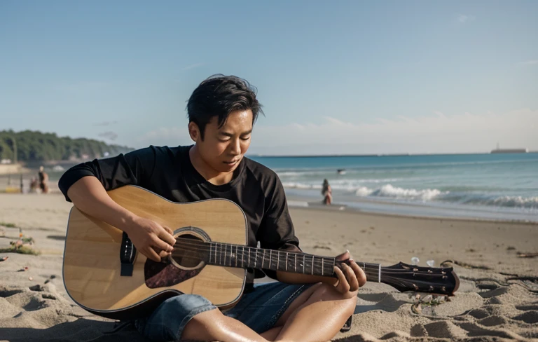 an asian man is playing guitar on the beach happily