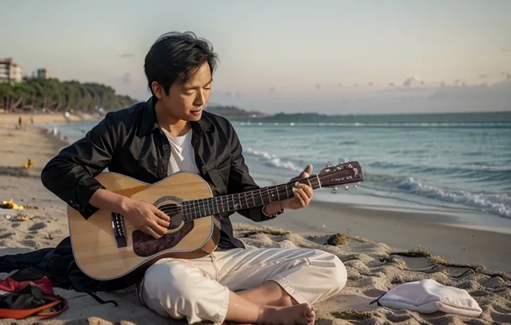 an asian man is playing guitar on the beach happily