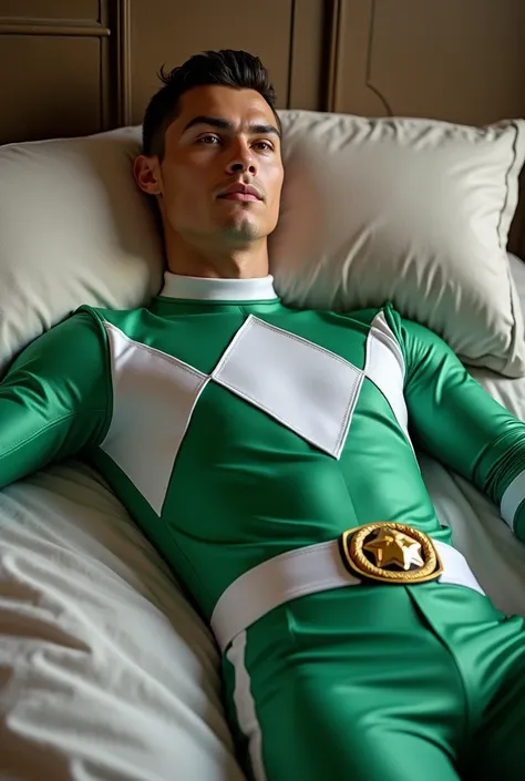 Cristiano Ronaldo, with the Green ranger mighty morphin costume, without helmet, lying on a bed, clear skin (No Beard or Mustache) Cr7