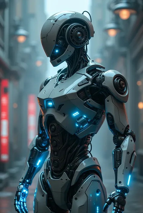 a highly detailed and realistic humanoid robot in a futuristic battle scene, cyborg, advanced ai, nvidia, xbot-l, 4ne-1, figure 02, intricate mechanical details, gears, wires, sleek metallic body, glowing blue energy, dynamic pose, cinematic lighting, dram...