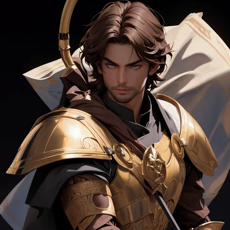 envision a 8k, highres, cinematic close up portrait of a man with a slender body, no facial hair with shaggy brown hair, and dark eyes wearing Greek god armor with a quiver, wielding a bow against a dark gray background