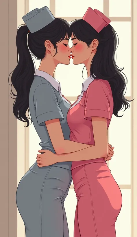 Two young women, yuri, grey nurse, pink nurse, hugging, closed eyes, french kiss, lesbian kiss, sensual body, cartoon novel, 4K, HD