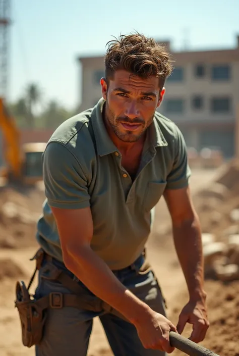 Image: The young white 1 student (man) works in a construction site, with a shovel in his hand and sweat running down his face. A scorching sun and the noise of tools are seen.  In the background, A school can be seen in the distance.. that the image is wi...