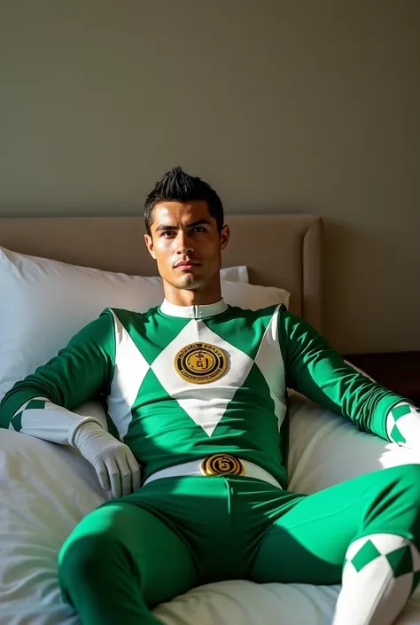 Cristiano Ronaldo, with the Green ranger mighty morphin costume, without helmet, lying on a bed, clear skin (No Beard or Mustache) Cr7