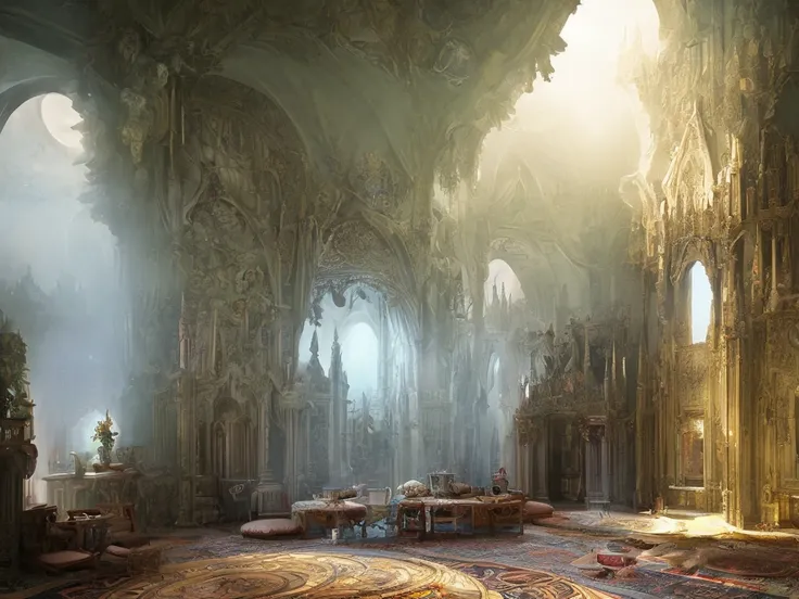 Fairy castle room, decorated with lush furniture in pastel colors, eerie atmosphere, soft volumetric light, high chaos, intricate work by Johan Grenier style, Alyssa Monks style