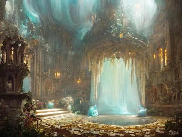 Fairy castle room, decorated with lush furniture in pastel colors, eerie atmosphere, soft volumetric light, high chaos, intricate work by Johan Grenier style, Alyssa Monks style