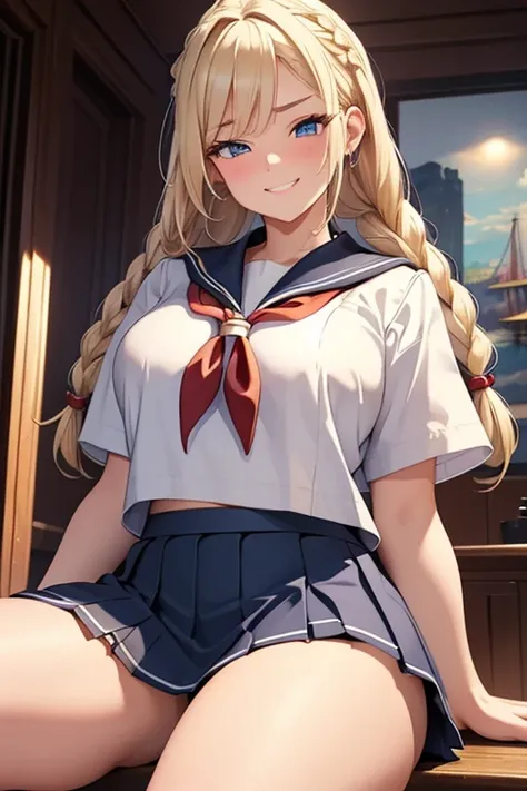 A beautiful blonde woman with three braids and deep red eyes, gazing condescendingly at the viewer with a cute grinning expression, extremely detailed, masterpiece quality, ultra-detailed, HDR, studio lighting, vivid colors, physically-based rendering, thi...