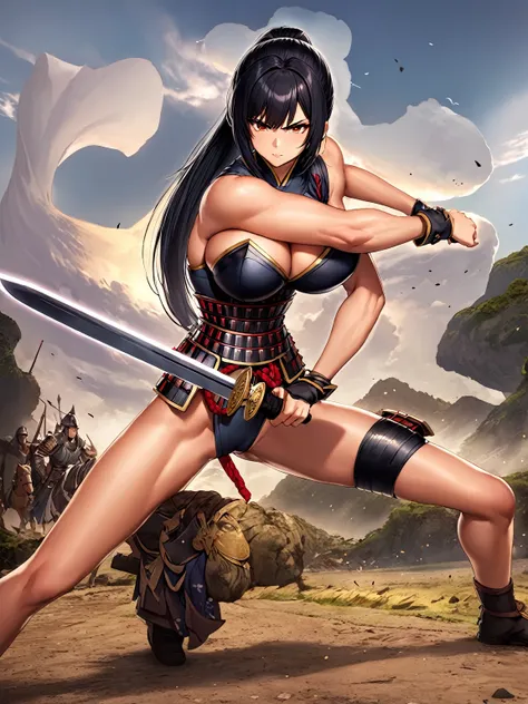 (One Japanese woman)、(beautiful girl)、(sexy)、(Drawing the sword)、(Black Hair)、(Long ponytail)、((Warrior Princess))、((Female Generals))、(Goddess of War)、((Old Japanese Armor))、((Holding the Japan sword))、(True to prompts)、(Deluxe)、(Feminine hourglass curves...