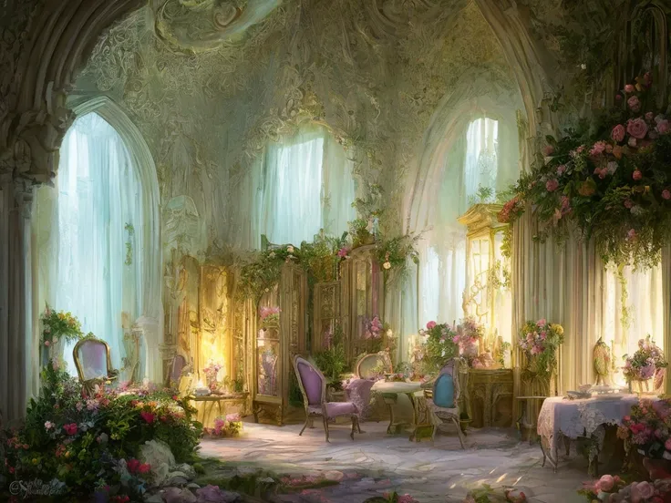 Fairy castle room, decorated with lush furniture in pastel colors, fairytale atmosphere, soft light, high chaos, intricate work by Johan Grenier style, Alyssa Monks style