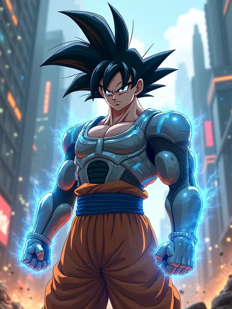 "Goku, sporting a futuristic cyborg style,. He has a blend of human and cybernetic features., He wears advanced battle armor incorporating glowing blue energy panels and mechanical parts., but his body is still essentially human.. His black hair is highlig...