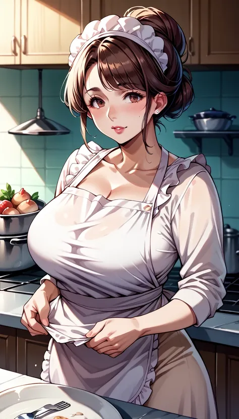 1girl, ,anime, modest, mom mature housewife thick, apron, hair in top bun in kkitchen, busty