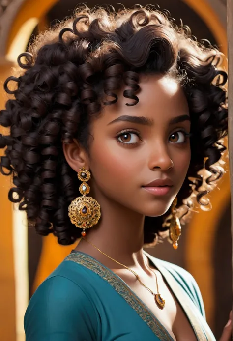 curly hair,dark-skinned,eye white,and two earrings in the ear