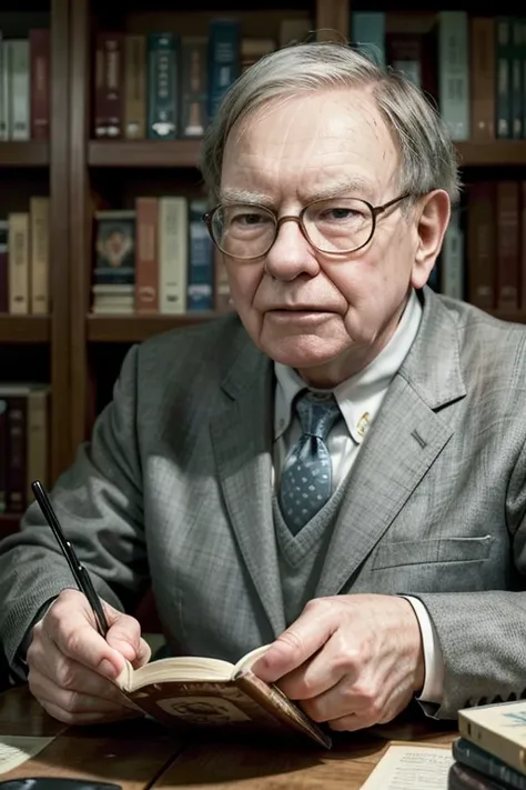 Illustrate Warren Buffetts belief in the power of focusing on areas he truly understands. Show him surrounded by books, deep in thought, representing his habit of spending hours reading and absorbing knowledge. Emphasize his belief that emotional stability...