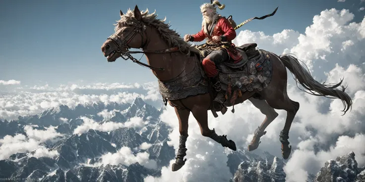 1man, viking wukong, nordic beard, sitting on flying cloud,