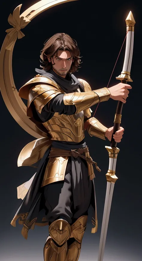 envision a 8k, highres, cinematic full body design sheet of a man with a slender body, no facial hair with shaggy brown hair, and dark eyes wearing Greek god armor with a quiver, wielding a bow against a dark gray background