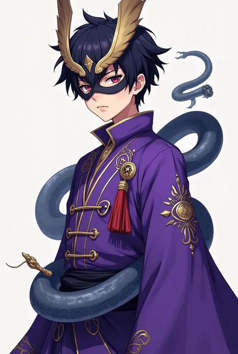 An anime boy in a mask wearing a purple samurai outfit with a snake 

