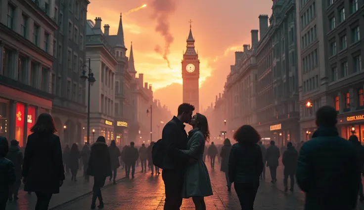 2024 London in chaos; people looking at the sky; couples kissing in the streets. Bombs falling from the sky