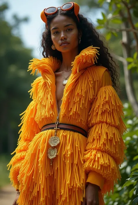 Total look summer fashion tech garments contrast color tones Inspired by the poetic translation of the Urban jungle treasures, utilising heavy threads fabrics that color block structured natural beauty of the lion, soft, wavy threads mimic the hairness, cr...