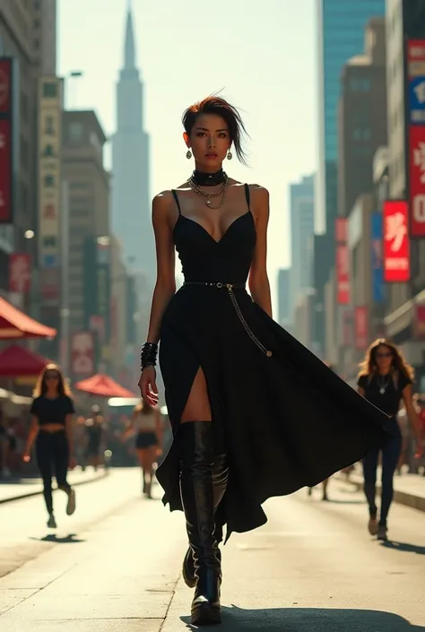 Vanessa Lin, a fierce and avant-garde fashion designer in her late 30s, captured mid-stride on a bustling city street. She is dressed in a chic, asymmetrical black dress that flows behind her as she walks, paired with thigh-high boots and bold accessories....