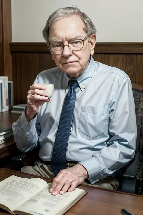 Design a simple and peaceful image representing Warren Buffett’s daily life. Show him in a serene setting, perhaps in his office, with no meetings or a cluttered agenda, just reading, thinking, and allocating capital. Highlight the joy of doing what he lov...