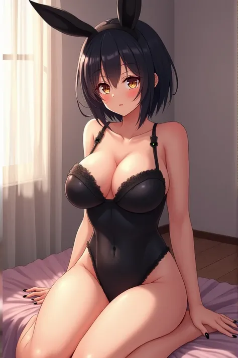 beautiful anime girl, very sexy, extremely gigantic boobs, k cup size, unproportionaly large boobs, black bunny suit, 1, short hair, spreading her legs, embarassed, blushing, squeezing her , masturbating, big ass