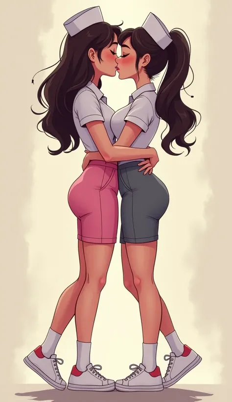 Two young women, yuri, pink nurse pencil skirt, grey nurse pencil skirt, white socks, white nurse sneakers, hugging, closed eyes, french kiss, lesbian kiss, sensual body, cartoon novel, 4K, HD