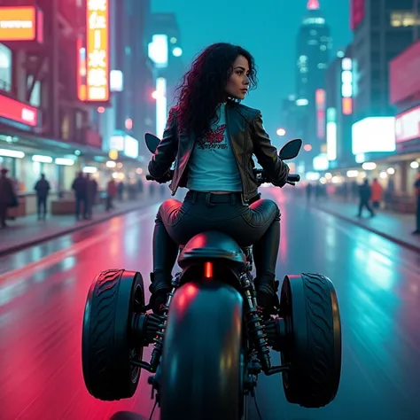 realistic photo of a (pretty girl, 2, brunette, black eyes) driving a moto with atached sidecar aside and crossing a cyberpunk city , (full lips), ((perfect face)), [[mild smile]] proportionate body,mixed herritage, beautyfull, beautyfull face, tanned skin...