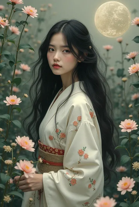 Bush clover flower background　cute　Wearing a kimono　Long hair　mysterious　Visually appealing　High resolution　Elegance