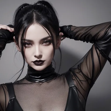 A beautiful Satanic goth witch with high black hair in a ponytail wearing a sheer mesh top and leather leggings ((best qualityer)), ((work of art)), (detailded), face perfect
