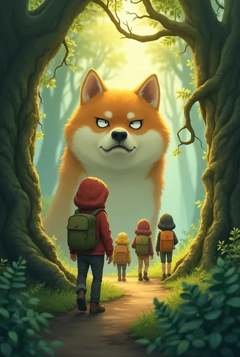 1. style: "3d", "Fantasy Illustration", "Ghibli style"

2. scene: "mysteriousな森", "Foggy forest"

3. character: 
   - "Huge, fat, cute Shiba Inu"A shocked look - "Five little adventurers with backpacks。One person facing forward、4. He looks very bothered.. ...