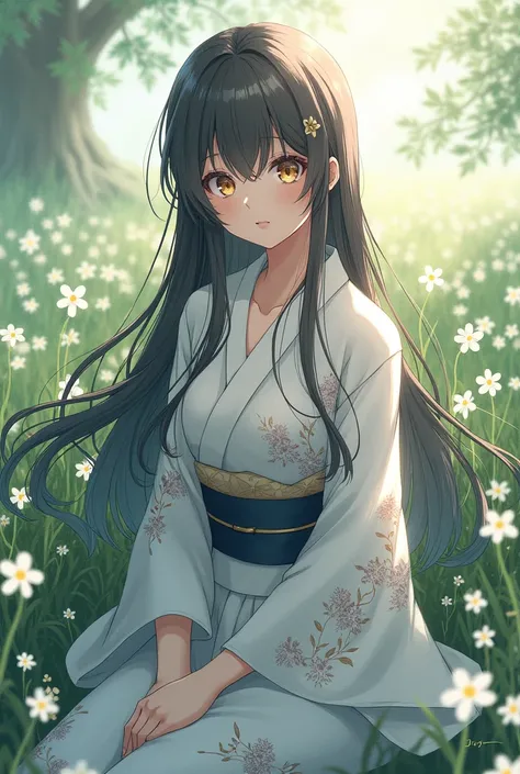 Bush clover flower background　cute　Wearing a kimono　Long hair　mysterious　Visually appealing　High resolution　Elegance anime style