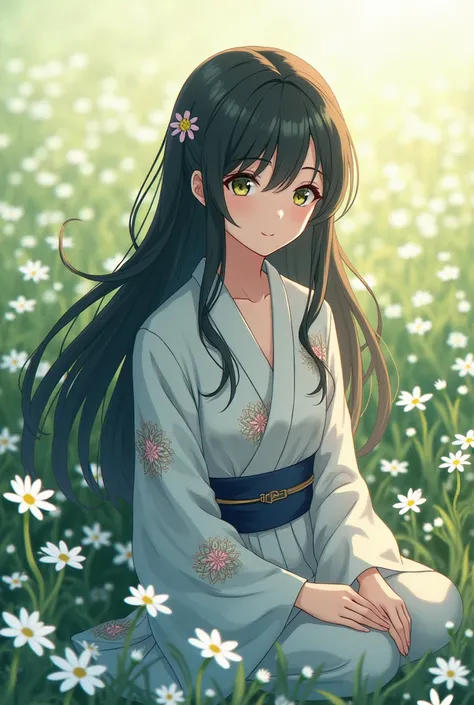 Bush clover flower background　cute　Wearing a kimono　Long hair　mysterious　Visually appealing　High resolution　Elegance anime style